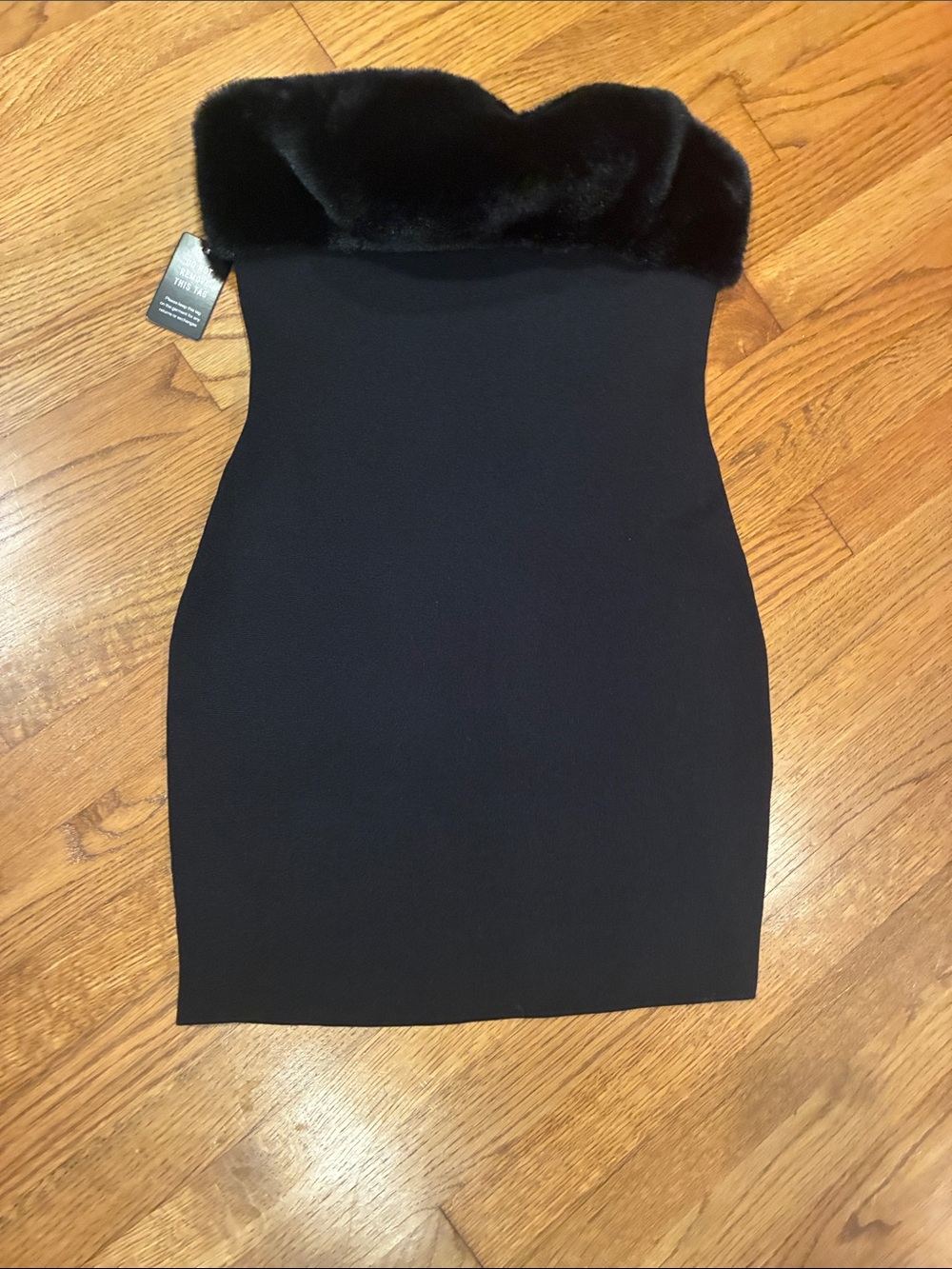 Express Black Strapless Bodycon Dress with Faux-Fur Trim